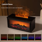 Black electric fireplace with colorful flames on a table, showing different flame color options.