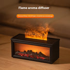 Flame aroma diffuser with simulated fire and colorful lights on a wooden surface.