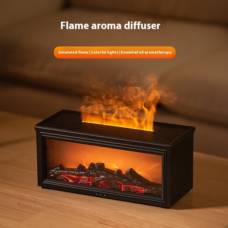 Flame aroma diffuser with simulated fire and colorful lights on a wooden surface.
